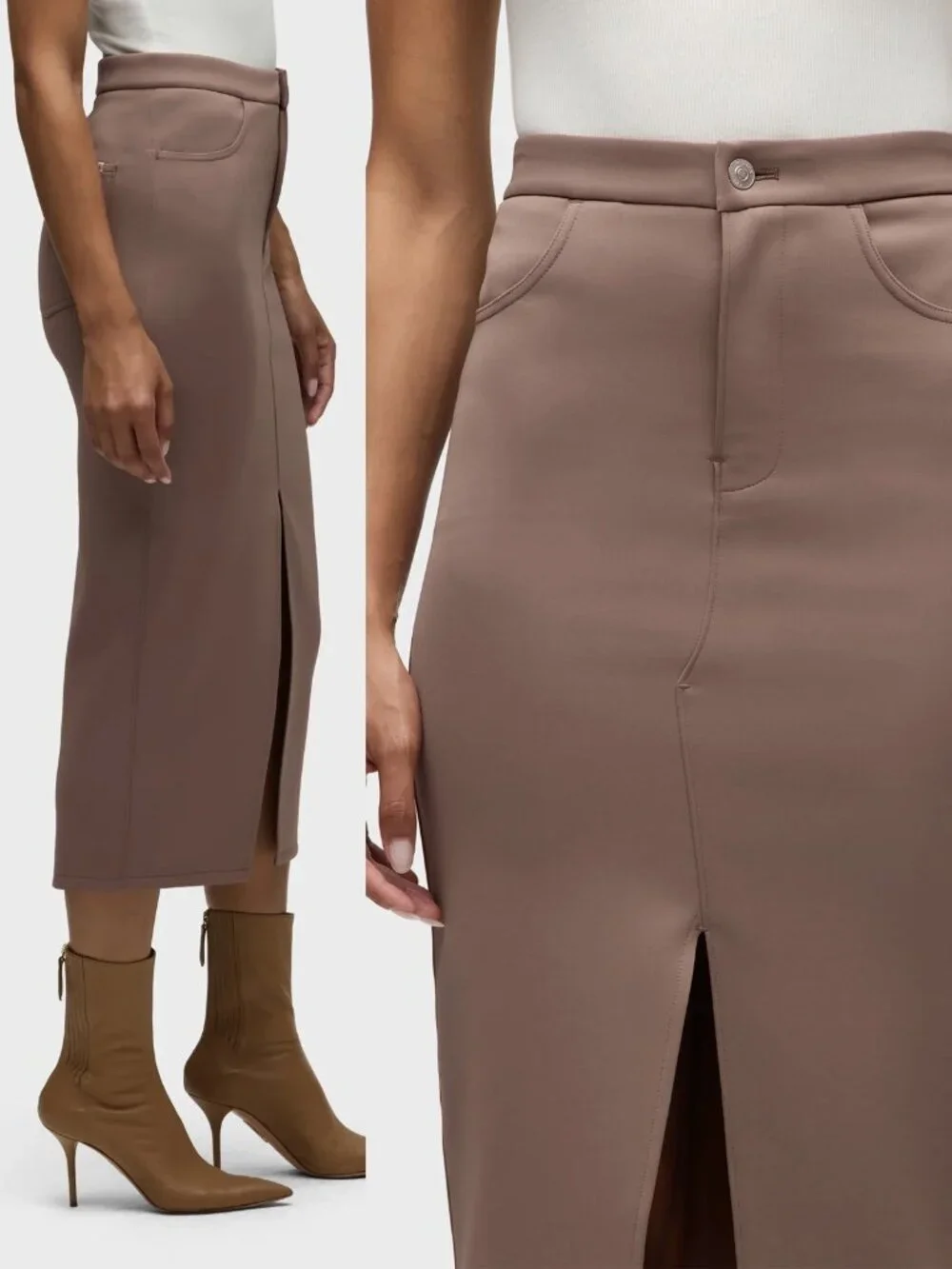 Hudson Jeans Women's XS Reconstructed Midi Skirt Deep Taupe Brown Stretch $185